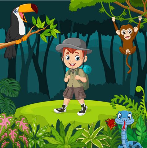 Cartoon Explorer Boy With Animals In The Jungle 8916623 Vector Art At