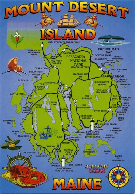 Postcard Mt Desert Island Maine Map 1 Maine Travel Maine
