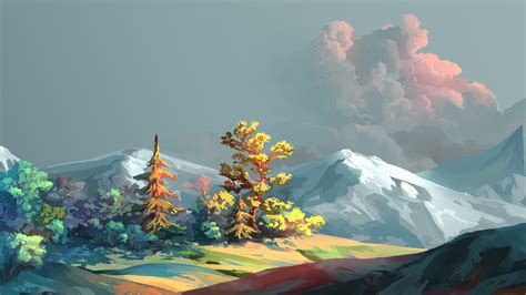 Wallpaper Toon Shading Clouds Hills Mountain Fantasy Landscape