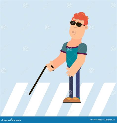 Blind Guy On A Pedestrian Crossing Cartoon Vector