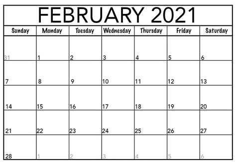 February Calendar 2021 Free Printable Template Pdf Word Excel