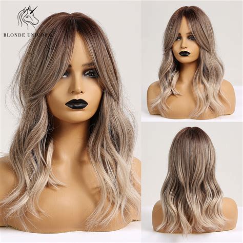 Brown Mixed Natural Blonde Wavy Ombre Synthetic Hair Wigs With Bangs For Women Ebay