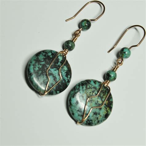African Turquoise Jasper And Bronze Wire Wrapped Earrings Wire