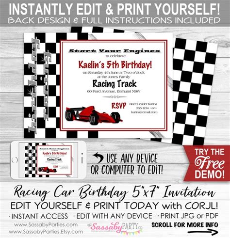 Racing Car Birthday Invitation Instant Download Editable