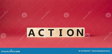 Action Symbol Concept Word Action On Wooden Cubes Beautiful Red