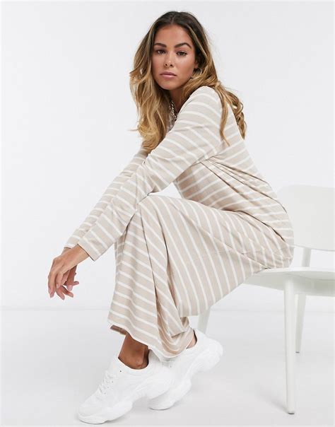 ASOS DESIGN Long Sleeve Maxi T Shirt Dress In Taupe And White Stripe