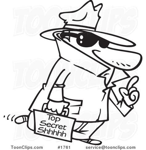 Cartoon Black And White Line Drawing Of A Spy Carrying Top Secret