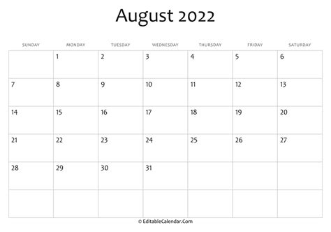 Download Blank August Calendar 2022 Word Version