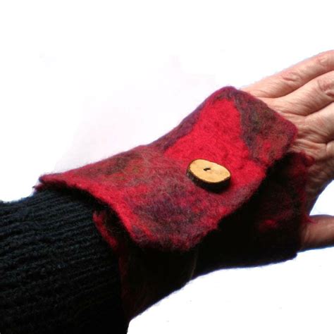 Red Felted Cuffs Felt Bracelets Wrist Warmers Australian Merino Wool