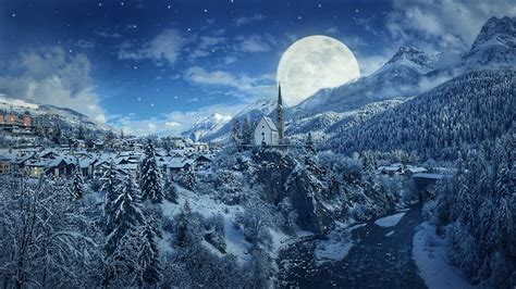 Winter 4k Wallpaper Moon Frozen Forest Village