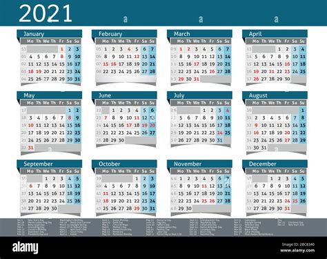 Calendario 2021 Eeuu Planificador De Bolsillo Año De Negocio Vector