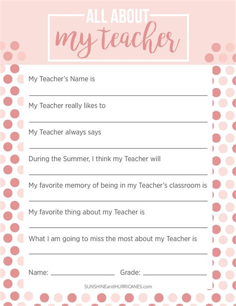 Teacher Appreciation Week Questionnaire A Personalized Teacher T
