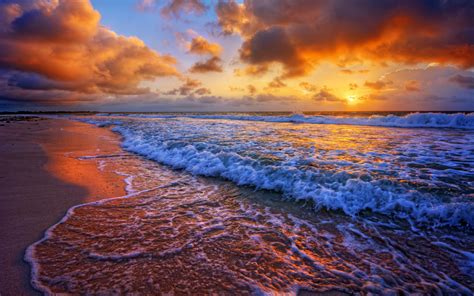 Sunset Sea Coast Surf Waves Clouds Wallpaper Nature And