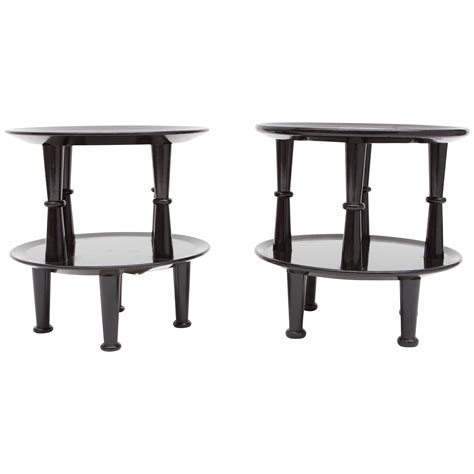 Round French Art Deco Mahogany Side Table With Black Lacquer With Three