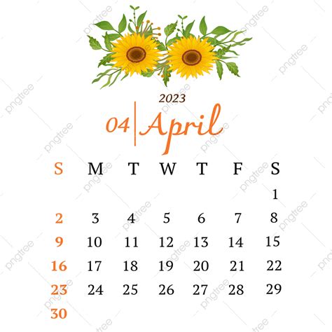 Calendar April 2023 Png Picture Calendar April 2023 With Sunflowers Calendar April 2023 April