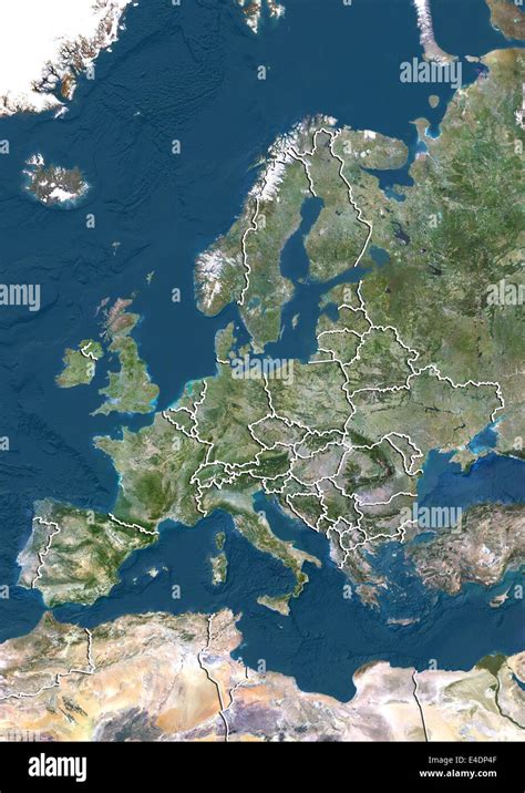 Europe True Colour Satellite Image With Country Borders Stock Photo