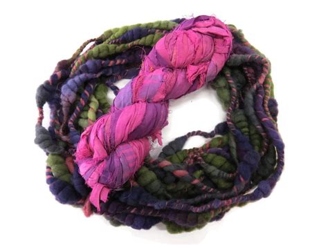 Art Yarn And Sari Silk Ribbon Kit Purple Green Rose Silk Yarn Silk