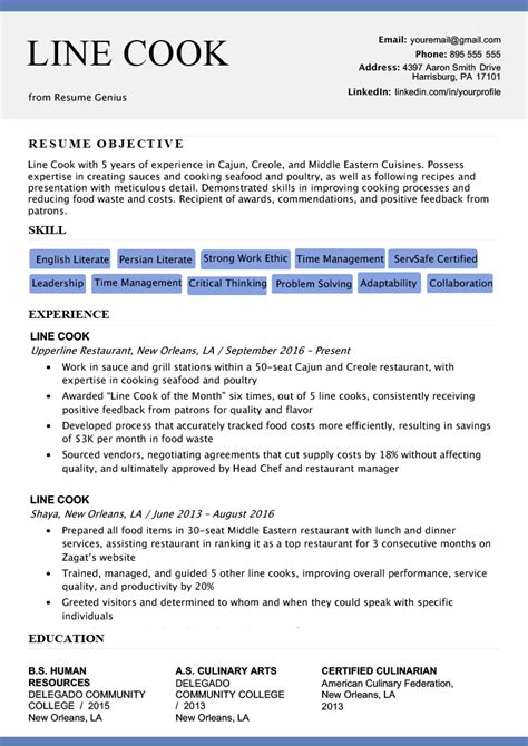 A resume objective states your career goals. Line Cook Resume Sample & Writing Tips | Resume examples ...