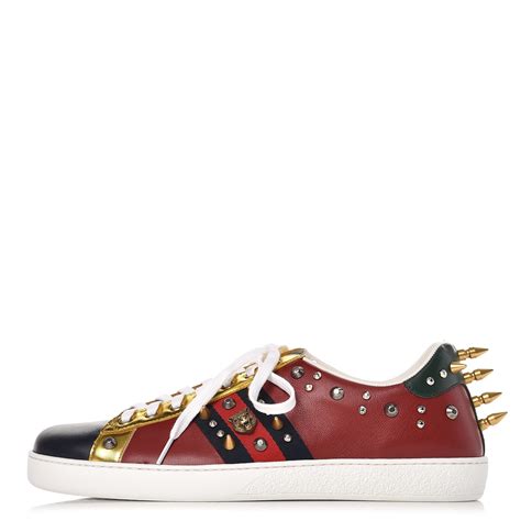 Gucci Mens Calfskin Web Studded Ace Sneakers 10 Red 244559