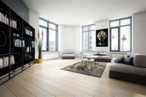 Modern Condo Living Room Interior With Wooden Floor Sofa Standing Lamp And Bookshelves 