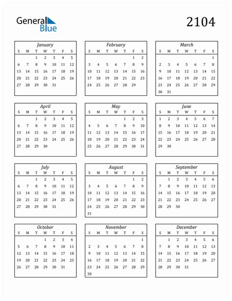 2104 Blank Yearly Calendar Printable