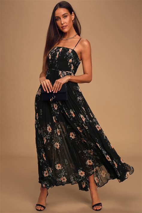 Black Floral Print Dress Pleated Maxi Dress Sleeveless Dress Lulus