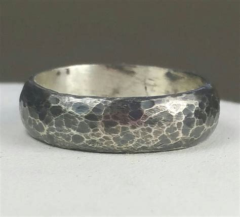 Rustic Wide Oxidized Sterling Silver Ring Hammered Black Silver Band