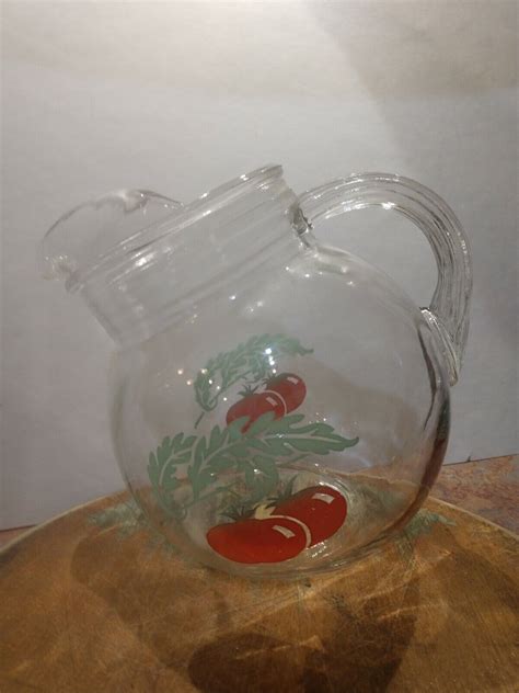 Vintage Clear Glass Tilt Ball Pitcher With Red Tomatoes 6 Juice Exc Condition Ebay