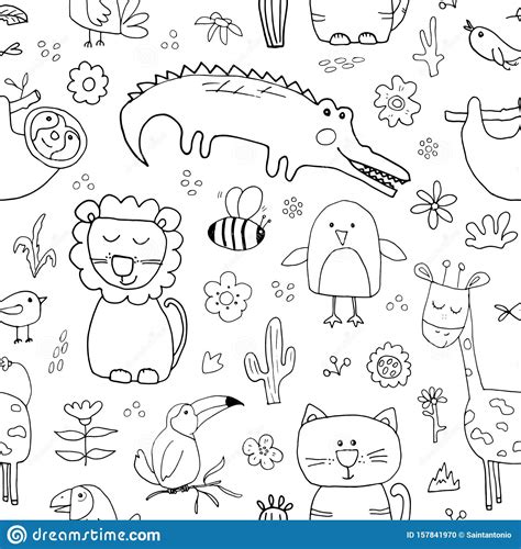 Cute Animals Seamless Pattern Cartoon Hand Drawn Animal Doodles Vector