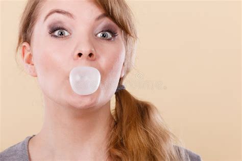 Blonde Girl Chewing Gum Making Balloon Stock Image Image Of Portrait Casual 78292629