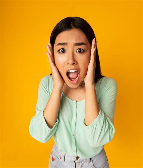 Wow Shocked Asian Girl Holding Hands On Cheeks Stock Image Image Of
