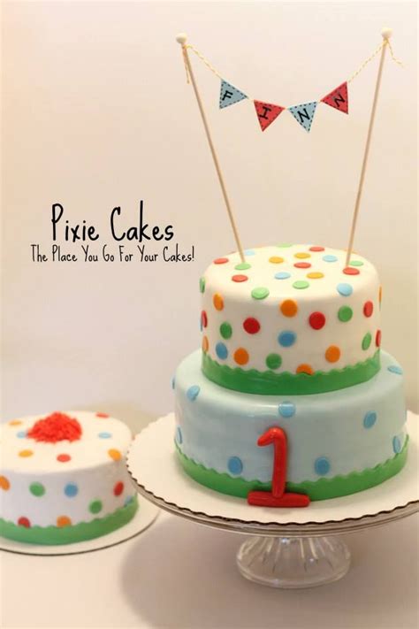 Two Tiered Polka Dot Cake With Cake Bunting And Smash Cake Pixie