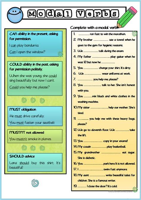 Learn modal verb definition and how to use modal verbs in english with useful grammar rules, esl the modal verbs of english are a small class of auxiliary verbs used to express possibility, obligation. Modal Verbs Elementary Level worksheet - Free ESL printable worksheets made by teachers