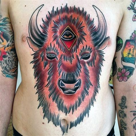 Neo Traditional Style Colored Chest And Belly Tattoo Of Demonic Bull