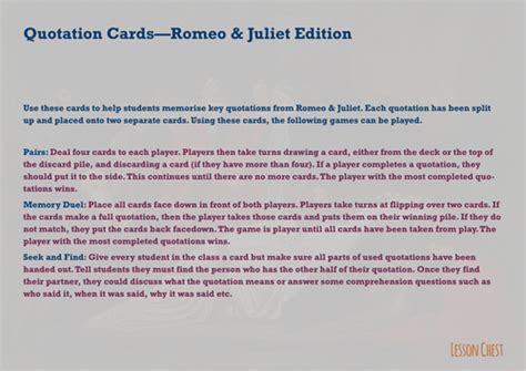 What literary element is displayed with this quote? Romeo & Juliet Quotations Revision by LessonChest - UK Teaching Resources - TES