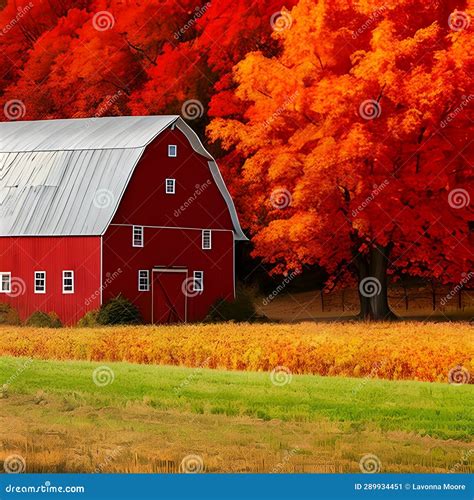 An Old Red Barn With Stunning Autumn Trees And Leaves Stock