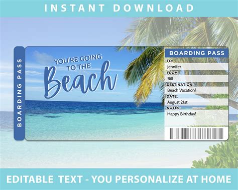 Printable Beach Vacation Ticket Boarding Pass Template Surprise Beach Trip Reveal Editable