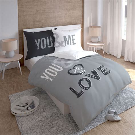 you and me in love romantic bedding for couple in gray and white