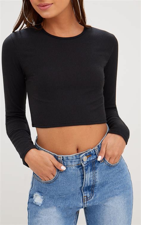 Black Ribbed Long Sleeve Crop Top Tops Prettylittlething
