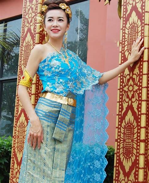 Asian Thai Laos Vietnam Dai Nation Folk Dance Traditional Dress Blue Queen Single Shoulder