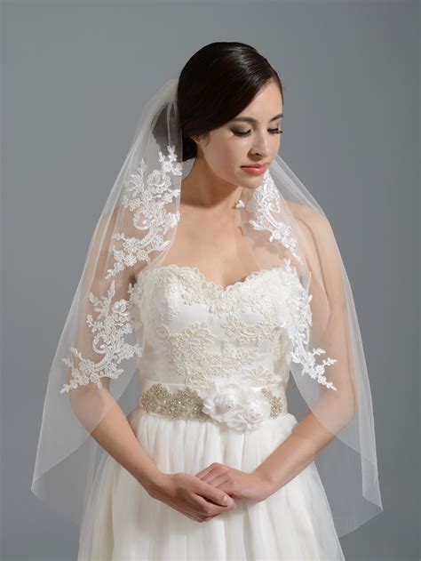 Ivory elbow wedding veil V051n alencon lace