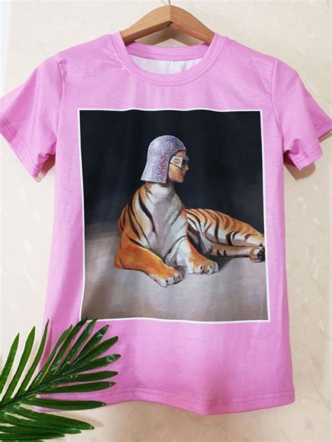 2018 Summer Fashion Tiger Printing Womens Cotton Tee Shirt Short