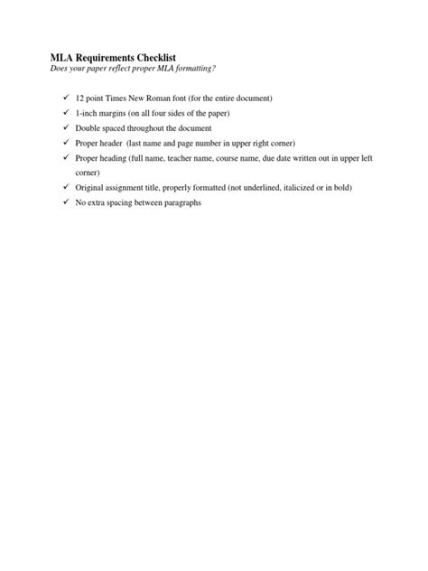 Mla Requirements Checklist Does Your Paper Reflect Proper Mla