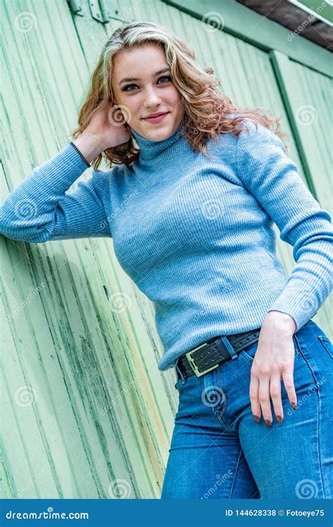 Pretty Blonde Girl Woman In Turtleneck Sweater Stock Photo Image Of
