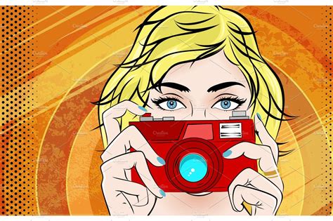 Comic Book Pop Art Illustration With Girl Movie Star With Foto Camera