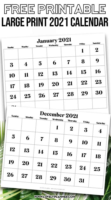 Large Print 2021 Calendar Free Letter Templates