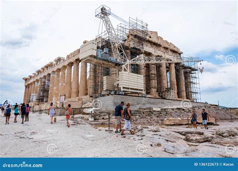 The Famous Parthenon On Acropolis Hill Under Reconstruction Surrounded