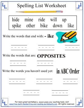 English activities for 1st grade. 1st Grade Spelling Words - Long I