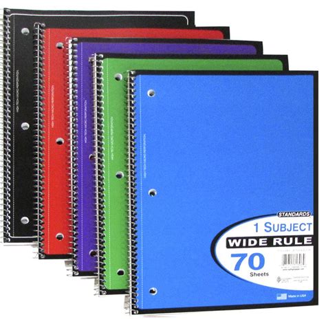 1 Subject Spiral Notebook 70 Sheets Wide Ruled 5 Colors