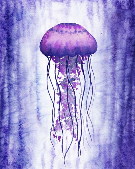 Swimming In Purple Ocean Jellyfish Watercolor Painting By Irina